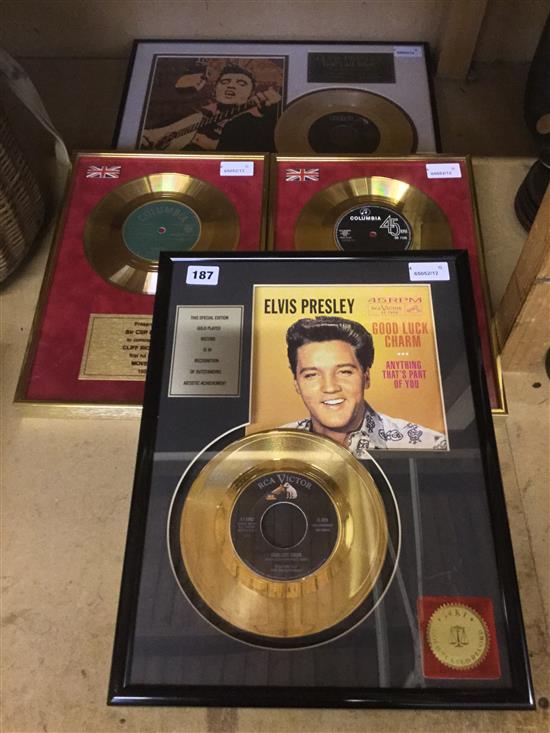 Elvis Presley Good Luck Charm gold-plated disc, another Thats All Right & 2 other l/e discs, all in display frames